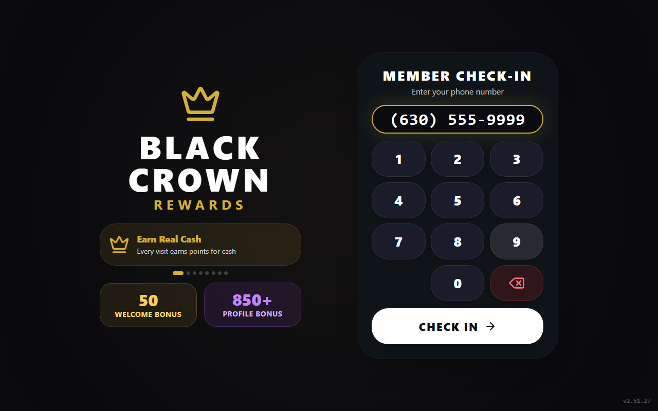 Black Crown Rewards tablet kiosk showing the check-in interface
