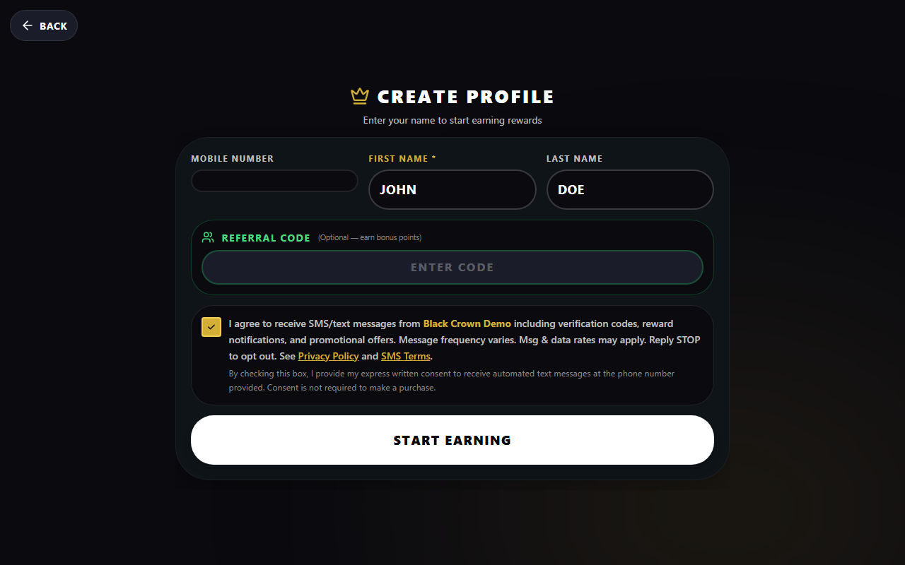 Black Crown Rewards registration form with SMS opt-in checkbox